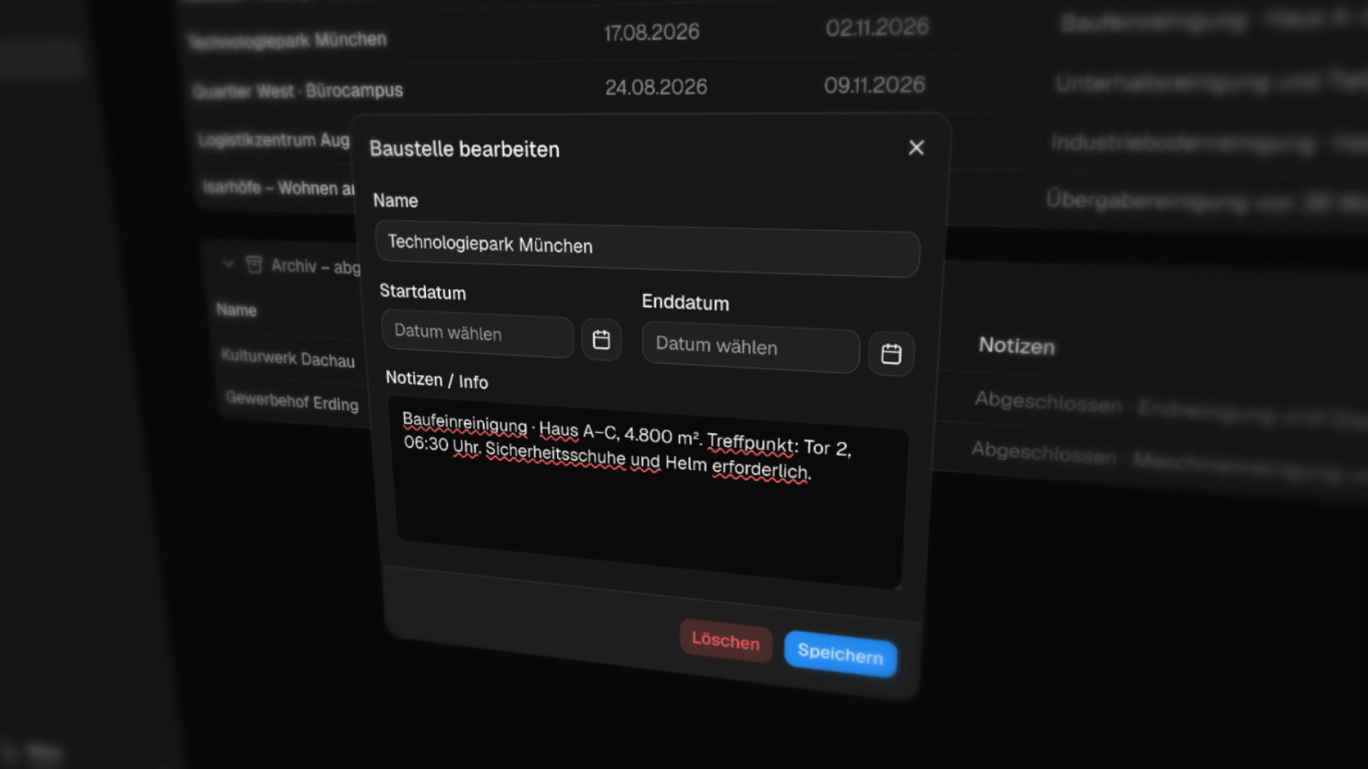 Dialog zum Bearbeiten einer Baustelle mit Zeitraum und Notizen